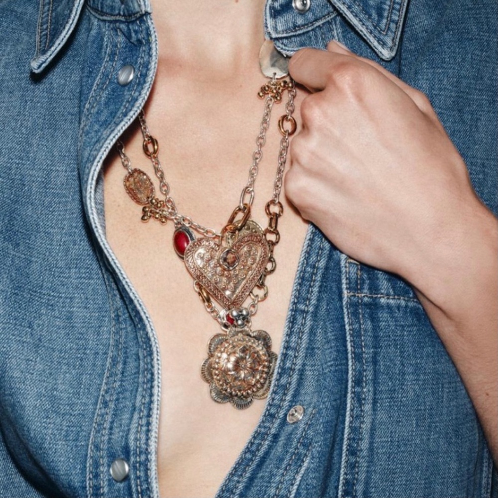 Zara Heart and Medallion Necklaces Pack of Two 2 Aged Gold Romantic Charming